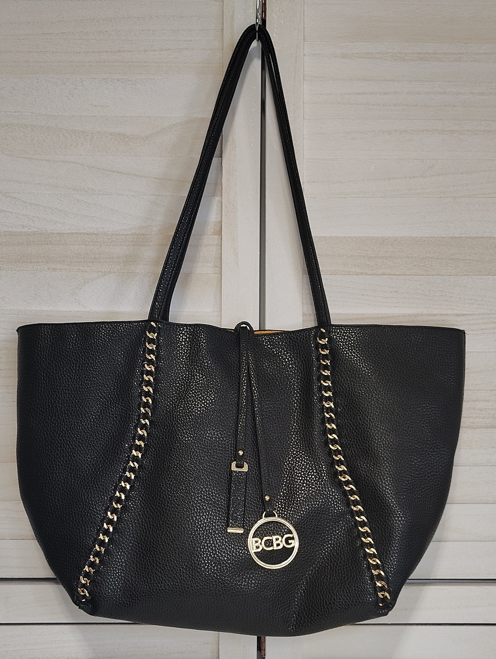 BCBG Black Pebbled Tote with Gold Chain and Logo Charm